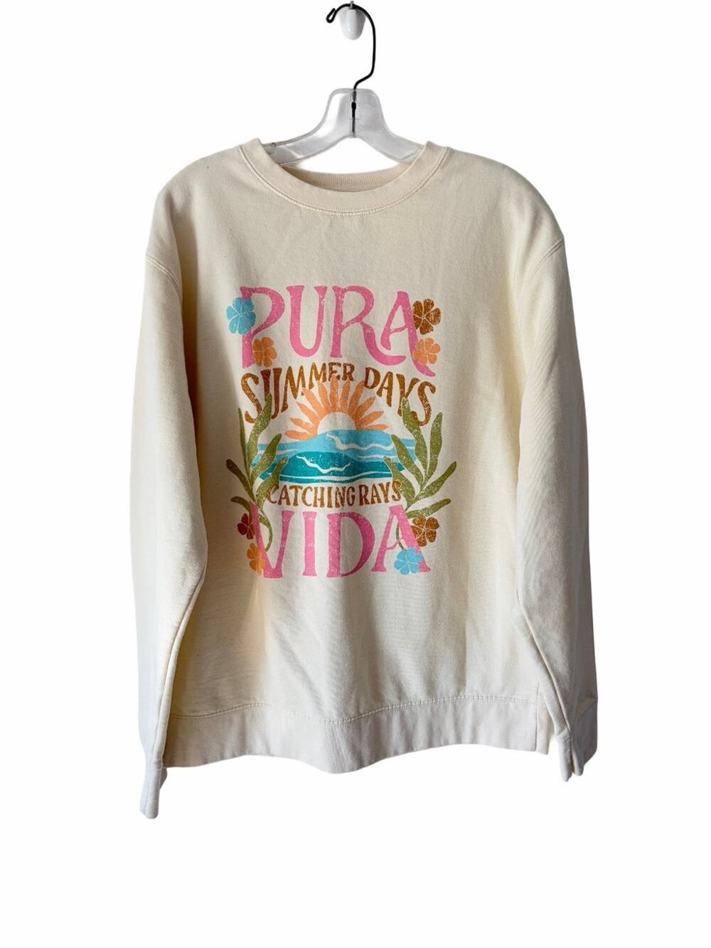 Pura Vida Cream Graphic Sweatshirt Large Summer Days Catching Rays
